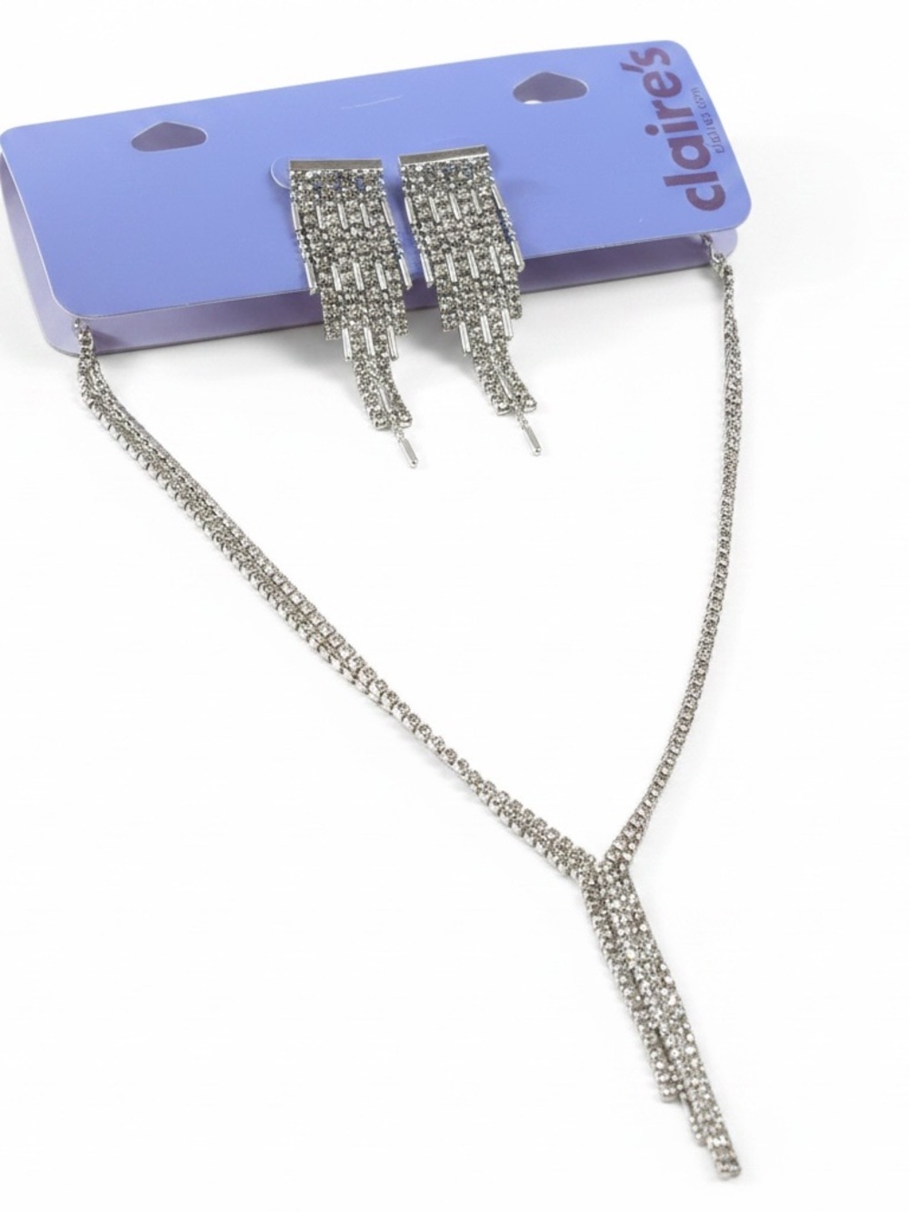 Claire’s Rhinestone Fringe Necklace Earrings Set Y2K Prom Glam Silver Tone NWT